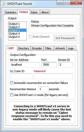 Shoutcast Source Output Tab showing password configuration error